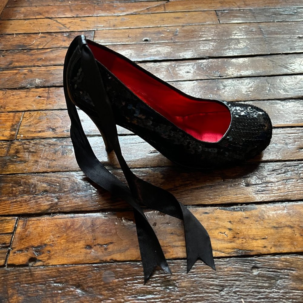 IRREGULAR CHOICE Black Sequined pumps, Black Silk ribbons, Size 9